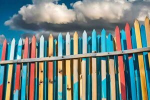 a colorful fence with a sky background. AI-Generated photo