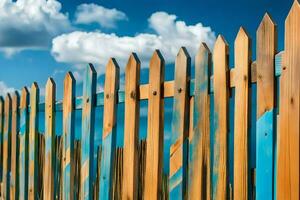a wooden fence with blue paint on it. AI-Generated photo