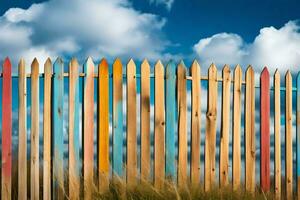 a colorful fence with a blue sky in the background. AI-Generated photo