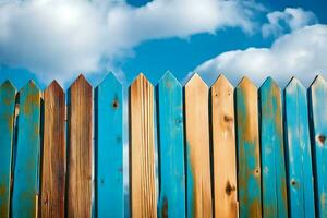 a wooden fence with blue and brown paint. AI-Generated photo