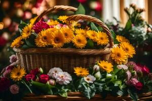 un cesta lleno con flores sentado en un mesa. generado por ai foto