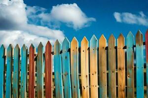 a colorful wooden fence with blue sky and clouds. AI-Generated photo