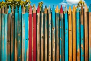 un vistoso cerca con muchos diferente de colores de madera publicaciones generado por ai foto