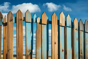 a wooden fence with blue sky and clouds in the background. AI-Generated photo