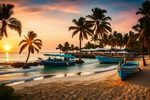 boats on the beach at sunset. AI-Generated photo
