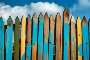 a wooden fence with blue, yellow and green paint. AI-Generated photo