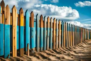 a wooden fence with blue and yellow paint on it. AI-Generated photo