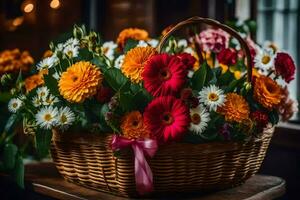 un cesta lleno con flores en un mesa. generado por ai foto