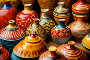 many colorful vases are displayed in a row. AI-Generated photo