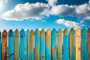 a wooden fence with blue and yellow paint. AI-Generated photo