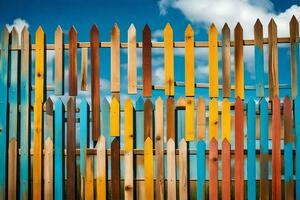 a colorful fence with many different colored wooden posts. AI-Generated photo