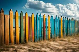 a colorful fence is shown against a blue sky. AI-Generated photo