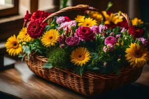 a basket with colorful flowers sitting on a table. AI-Generated photo