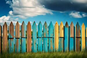 a colorful wooden fence with blue sky and clouds. AI-Generated photo