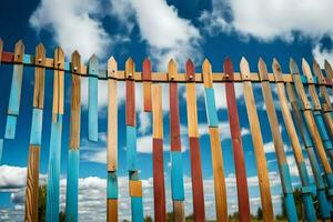 a colorful fence with wooden poles against a blue sky. AI-Generated photo