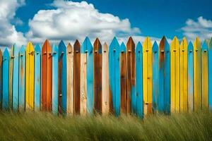 colorful wooden fence with blue sky and clouds. AI-Generated photo