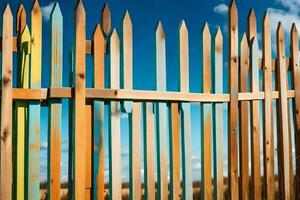a fence made of wooden poles with a blue sky in the background. AI-Generated photo