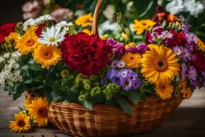 a basket filled with colorful flowers on a table. AI-Generated photo