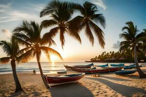 barcos en el playa a puesta de sol con palma arboles generado por ai foto