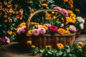 un cesta lleno de flores en un de madera piso. generado por ai foto