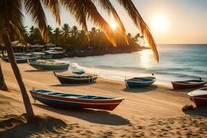 boats on the beach at sunset. AI-Generated photo