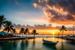 a sunset over the ocean with palm trees and boats. AI-Generated photo