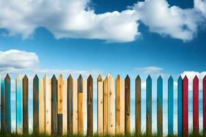 a wooden fence with blue sky and white clouds. AI-Generated photo