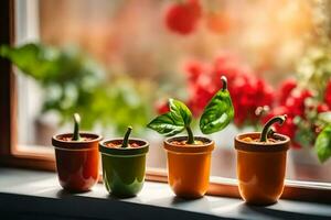 five pots with plants in them on a window sill. AI-Generated photo