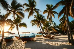 un playa con palma arboles y barcos en el arena. generado por ai foto