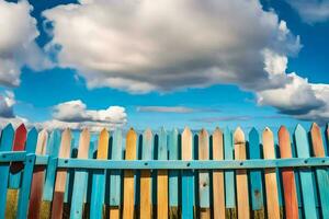 colorful wooden fence with blue sky and clouds. AI-Generated photo