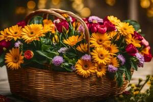 a basket with colorful flowers on a table. AI-Generated photo