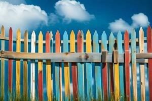 colorful wooden fence with blue sky and clouds. AI-Generated photo