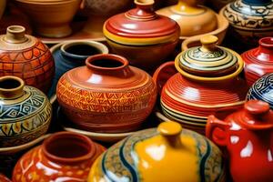 many colorful pottery vases are displayed in a row. AI-Generated photo