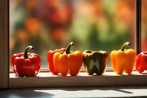 a row of peppers in a window sill. AI-Generated photo