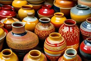 many colorful vases are displayed in a row. AI-Generated photo