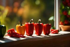 a row of peppers on a window sill. AI-Generated photo