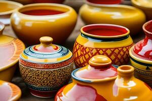 many colorful ceramic pots and vases are displayed. AI-Generated photo