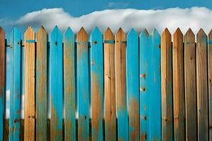 a wooden fence with blue and brown paint. AI-Generated photo