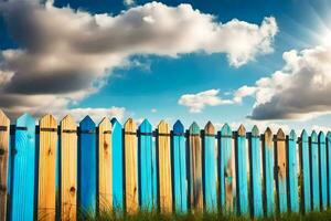 a wooden fence with blue and yellow paint. AI-Generated photo