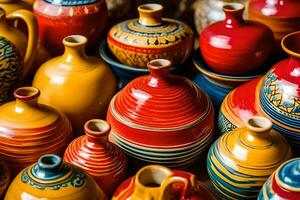 many colorful pottery vases are displayed in a row. AI-Generated photo