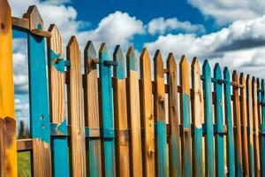 a wooden fence with blue sky and clouds. AI-Generated photo