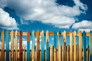 a wooden fence with blue sky and clouds in the background. AI-Generated photo