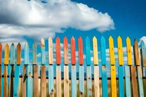 colorful wooden fence with blue sky and clouds. AI-Generated photo