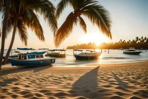 barcos en el playa a puesta de sol con palma arboles generado por ai foto