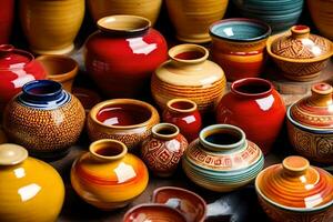 many colorful pottery vases are displayed on a table. AI-Generated photo