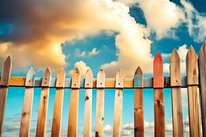 a wooden fence with a blue sky and clouds in the background. AI-Generated photo