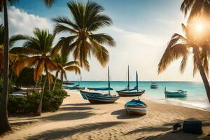 barcos en el playa a puesta de sol. generado por ai foto