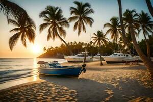 boats on the beach at sunset. AI-Generated photo