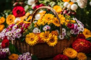 a basket full of colorful flowers on a wooden table. AI-Generated photo