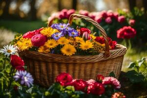 a basket full of flowers is sitting on the grass. AI-Generated photo